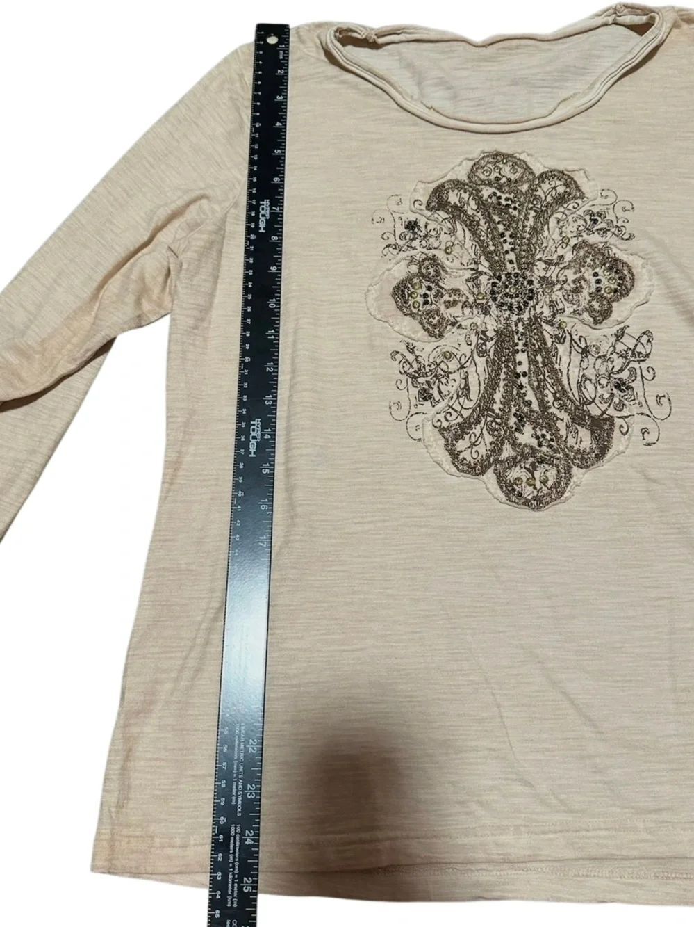 Boho Embellished Cross Graphic 3/4 Sleeve Top  Beige Tee | See Measurements - Picture 5 of 8